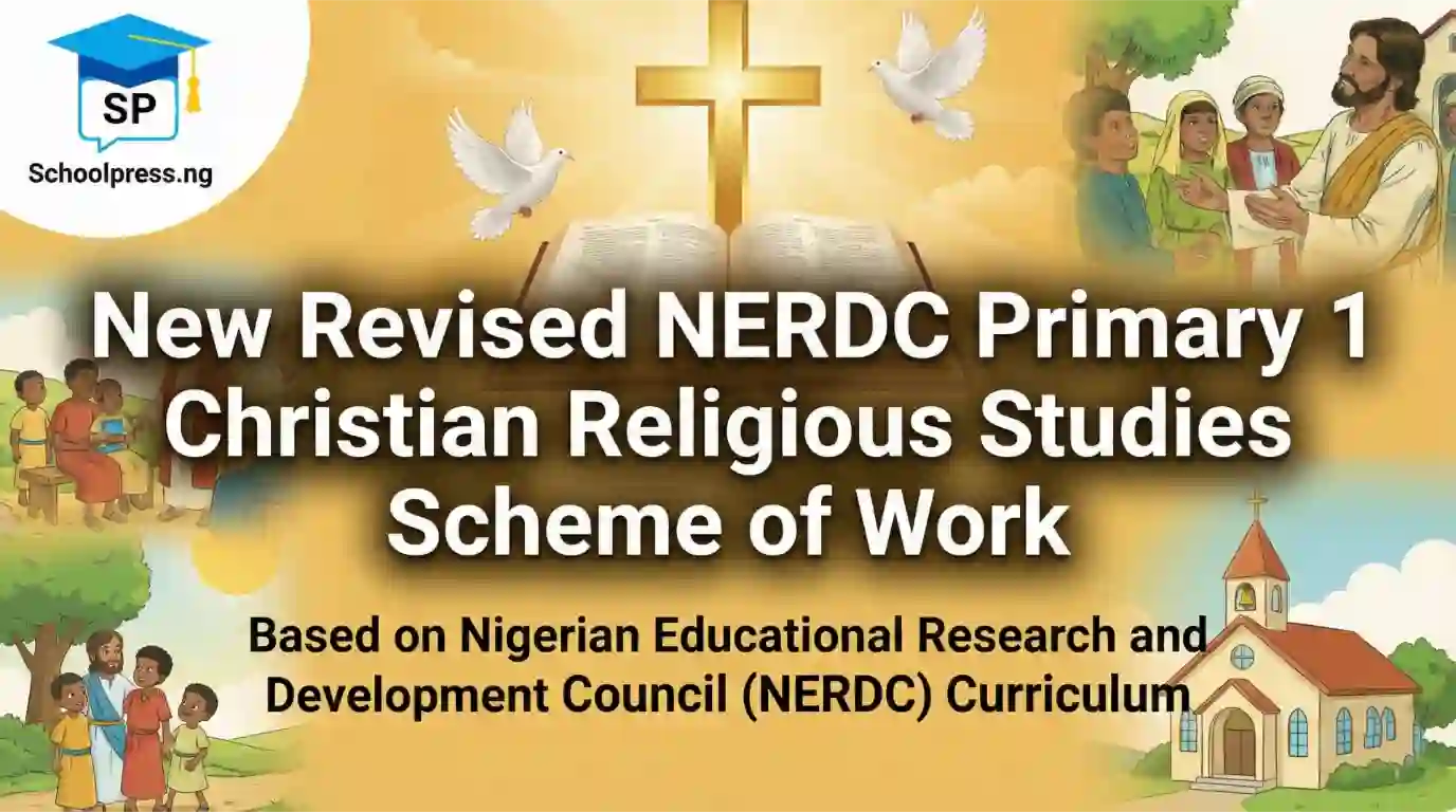 Use this tile to generate WordPress feature image: New Revised NERDC Primary 1 Christian Religious Studies Scheme of Work and Use the attached image with the white background as logo at the top left corner of the feature image